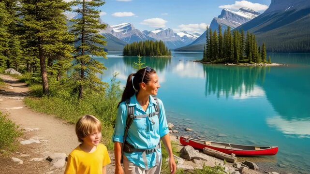 Family adventure at maligne lake with spirit island in jasper national park, alberta, canada