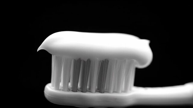 Toothbrush with Toothpaste Close-Up - A close-up shot features a toothbrush with a generous amount of white toothpaste on its bristles, ready for oral hygiene.
