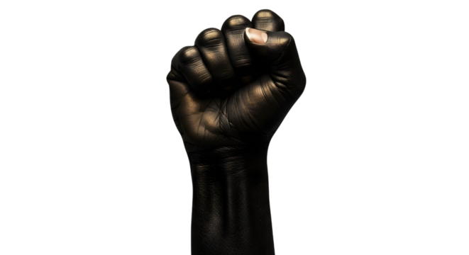 A clenched fist covered in black paint, isolated on transparent background, symbolizing power and protest