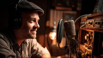 Radio announcer speaking into a large vintage microphone, wooden radio equipment, warm sepia tones, nostalgic atmosphere, professional studio background
