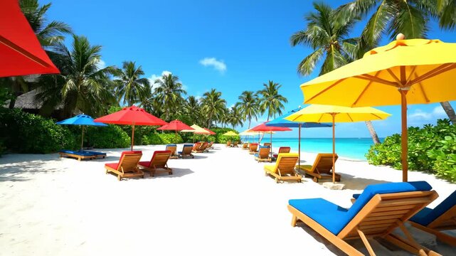 Tropical Beach with Colorful Umbrellas and Chairs - A vibrant tropical beach scene featuring rows of colorful umbrellas and wooden lounge chairs.