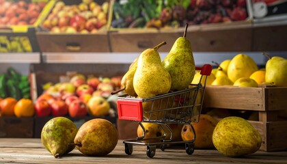 Pears in a miniature shopping cart in a produce section