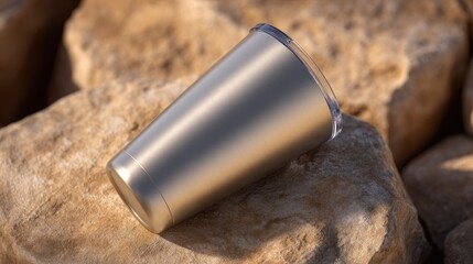 Gold stainless steel tumbler on rocks