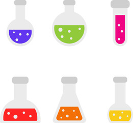 Colorful chemistry flasks with liquid in flat style