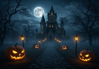 Abandoned Gothic Castle with Glowing Pumpkin Lanterns and Haunted Trees