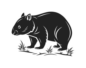 Fototapeta premium A black silhouette of a wombat with white outline details stands in a patch of stylized grass on a white background