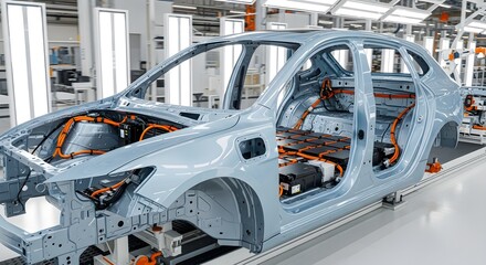 Electric Vehicle Assembly Manufacturing Process in Car Factory Automotive Line
