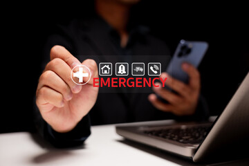 A person interacts with an emergency interface on a device, highlighting the urgency of the situation with a visible 