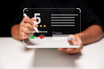 A person is reviewing a service with a five-star rating displayed on a digital interface, emphasizing customer feedback.