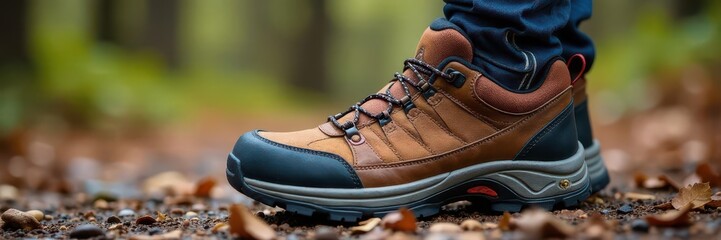Close-up of a sturdy hiking shoe, showing texture  ,  detail, hiking shoe