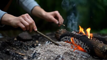 A man uses a stick to adjust a campfire as the man carefully tends to the flames. The man is outdoors, surrounded by burning wood and glowing campfire embers.