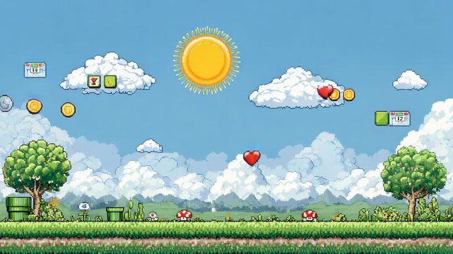 Retro pixel video game background with landscape, trees, sun, clouds, coins and hearts in sky