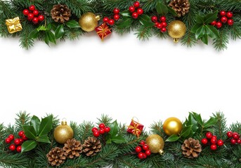 Christmas Garland Border With Evergreen Branches Holly Leaves and Red Berries