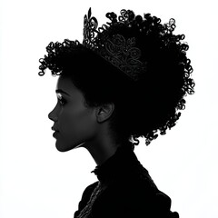 Silhouette profile of elegant woman with ornate crown and curly hair on bright white background