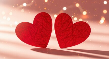 Two vibrant red heart shapes positioned side by side casting shadows against a soft glowing background