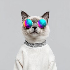 Cool cat wearing sweater and rainbow sunglasses with stylish look on gray background for modern design