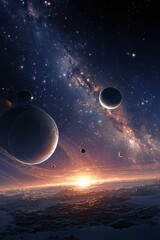 Fantasy cosmic scene with glowing galaxy starfield multiple planets rings and sunrise over alien horizon