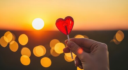 Hand holding a vibrant red heart shaped lollipop against a warm sunset with bokeh lights