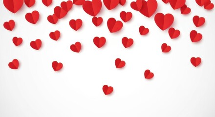 A shower of delicate red paper hearts cascading down against a clean white background