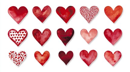 Fototapeta premium Collection of watercolor red hearts with different textures and patterns for love and Valentine design