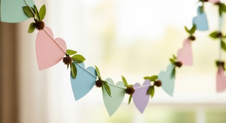 Delicate pastel heart shaped bunting adorned with green leaves and twigs for festive decoration