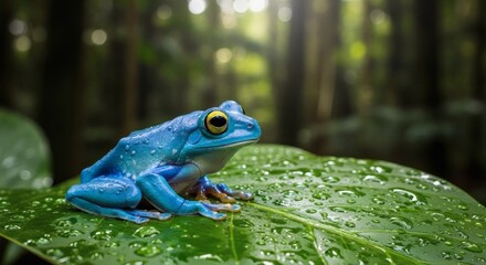 Beautiful blue frog sitting on a wet leaf in the rainforest wildlife photography amphibian nature shot