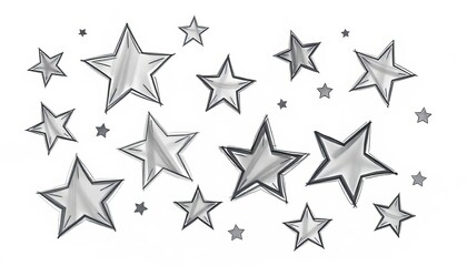 Fototapeta premium Whimsical, unevenly sized stars sketched in charcoal, varying shades of grey on white background, graphic, retro