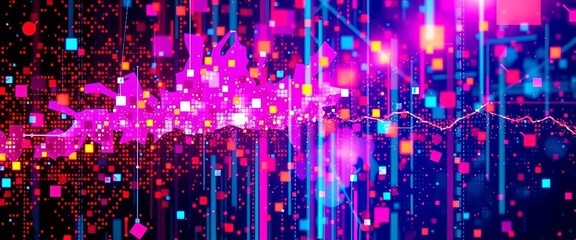 Abstract digital art with distorted pixels, vibrant colors and broken data streams, digital glitch,  technology