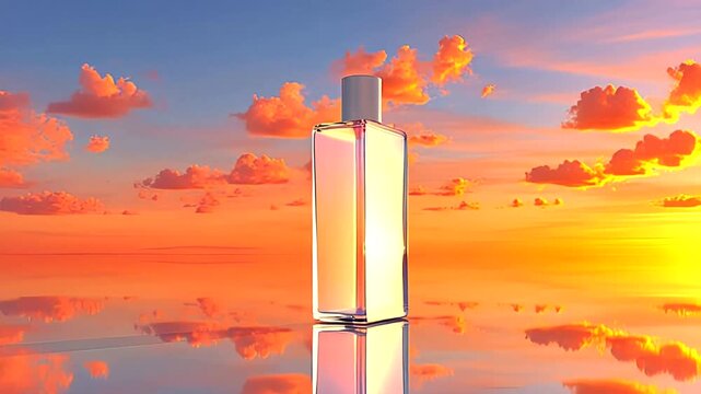 Rectangular glass bottle filled with pink liquid sits atop a reflective surface against a vivid sunset cloudscape