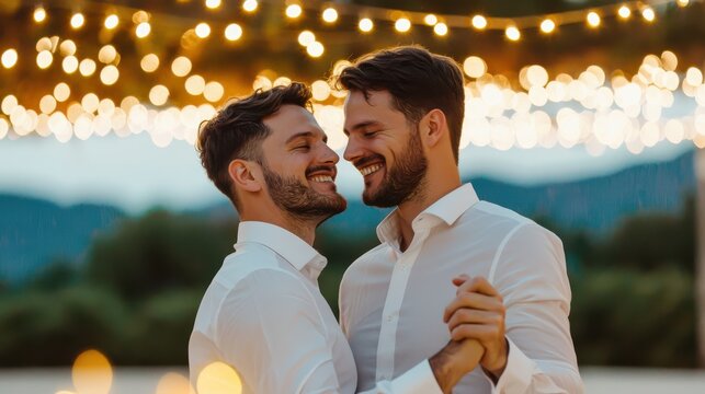 Two smiling men dance together under twinkling lights, capturing a joyful moment of love and connection in a serene outdoor setting.