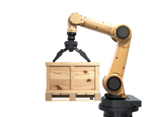 lndustrial Robotic Arm Lifting Wooden Crate in Warehouse
