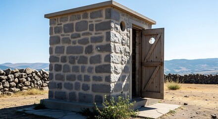Symbol of access and dignity for all: bright sunlight illuminating a small stone latrine