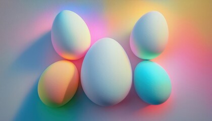 glowing pastel eggs with soft rainbow light reflections on textured surface creating dreamy abstract composition with vibrant luminous aura perfect for wallpaper or editorial background