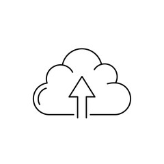 A minimalist line drawing of a cloud with an arrow pointing upwards, symbolizing uploading or cloud storage.