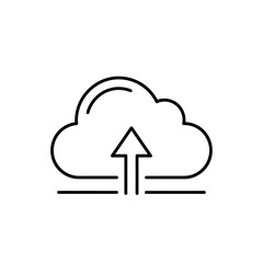 A simple line art illustration of an arrow pointing upwards into a cloud, representing data upload.