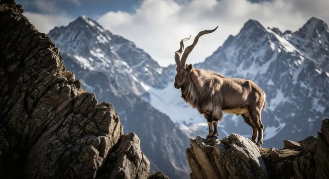 Standing markhor goat on mountain peak wildlife animal nature photography scenic landscape stock image