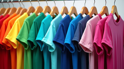 A Row of T- Shirts in a Rainbow of Colors Hanging on Wooden Hangers on a Metal Rack t-shirts clothing