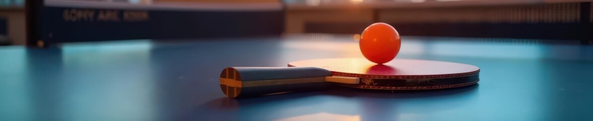 Close-up of ping pong paddle and ball on table, fitness, lifestyle, sport