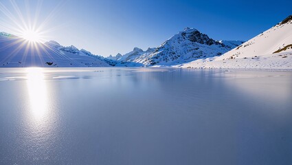 Calm frozen fjord with snowy mountains
