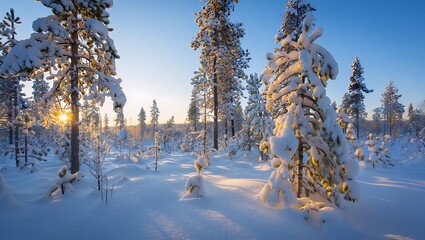 Golden light in snowy forest landscape