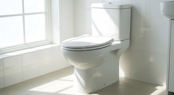 Bright natural light scene: clean white ceramic toilet, a symbol of sanitation and dignity