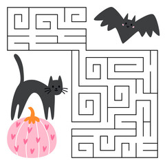 Halloween maze game for kids. Cute cat on a pumpkin looking for a way to the bat. Printable worksheet with solution for school and preschool. Vector cartoon illustration.