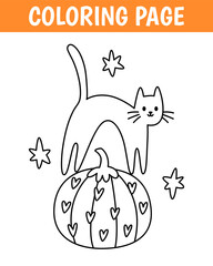 Halloween coloring page, cute print with line cat on a pumpkin. Printable worksheet with solution for school and preschool. Vector cartoon illustration.