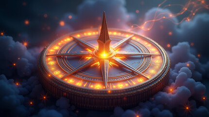 Antique Golden Compass with Glowing Orange Light and Mystical Smoke Particles navigation direction