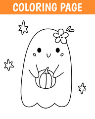 Halloween coloring page, cute print with line ghost with pumpkin. Printable worksheet with solution for school and preschool. Vector cartoon illustration.