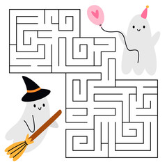 Halloween maze game for kids. Cute ghost with a balloon looking for a way to the ghost on a broom. Printable worksheet with solution for school and preschool. Vector cartoon illustration.