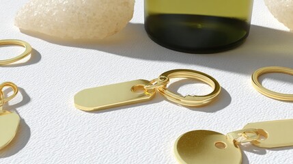 Gold keyrings and key tag on white surface