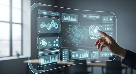 Hand interacting with futuristic holographic data display