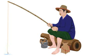 A country man is sitting and fishing.Cartoon character vector design