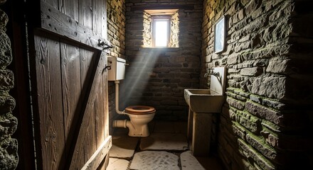 Sunlight streaming through small window into an old stone restroom, timeless sanitation scene